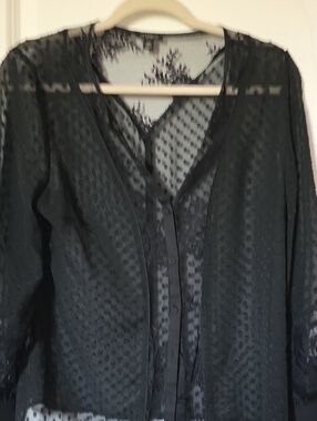 Ann Taylor Black Sheer Dotted Button-Front Blouse